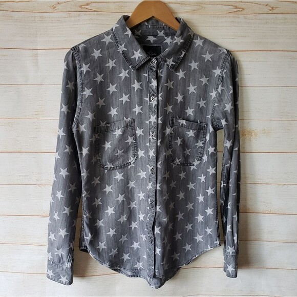 Rails Chambray Star Print Button Front Shirt Blouse Women's Small Grey White - Picture 2 of 8